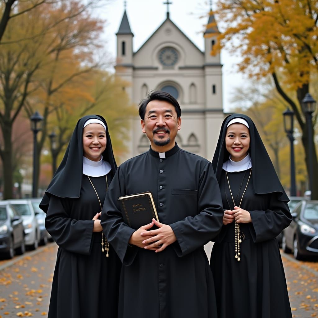 Asian American Priest Outside Cathedral with Nuns