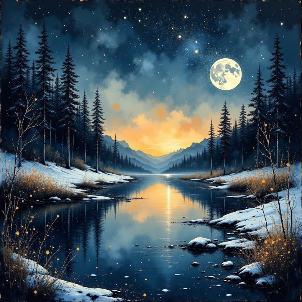 Ethereal Winter Night Landscape with Glowing River and Starr...