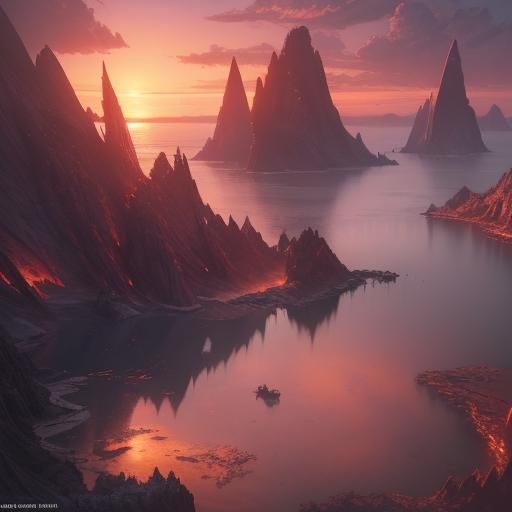 Vibrant Sunset Over Bay: Detailed Matte Painting