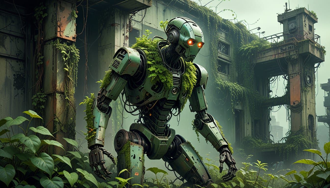 Robot Tending Plants in a Decaying Dystopian Cityscape