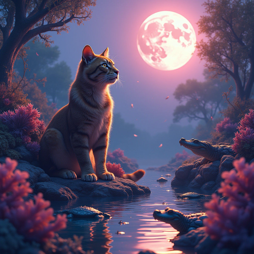 Mystical Cat and Lion in Dreamlike Moonlit Scene