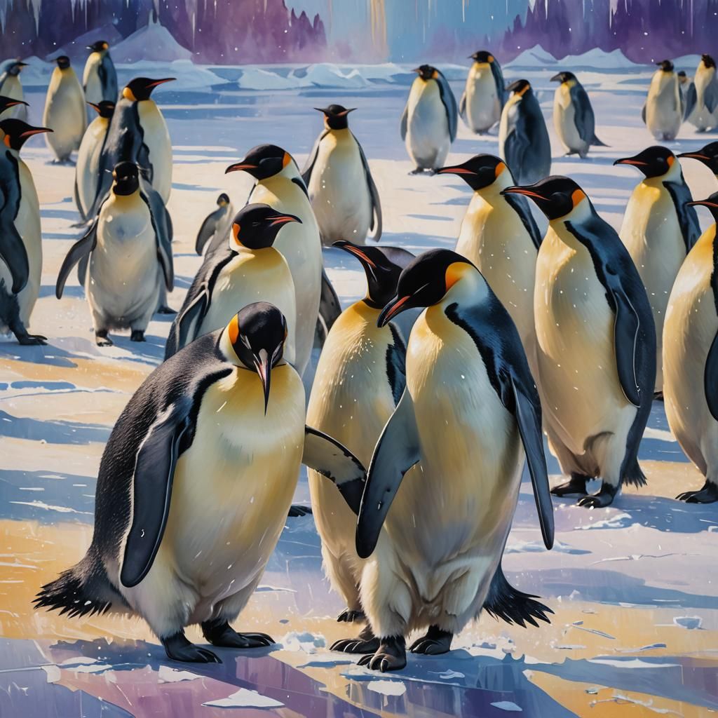 Emperor Penguins Dancing on Ice, Vibrant Oil Painting