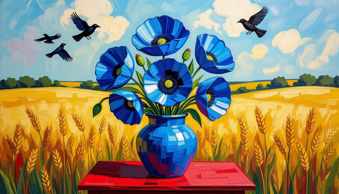 Van Gogh Style Blue Poppy Crock Sculpture