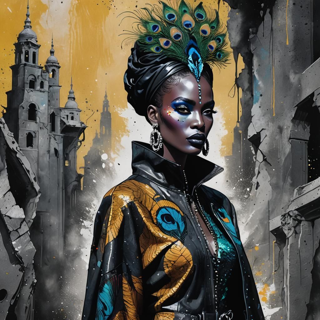 Peacock Fashion Model in Film Noir Fauvist Style