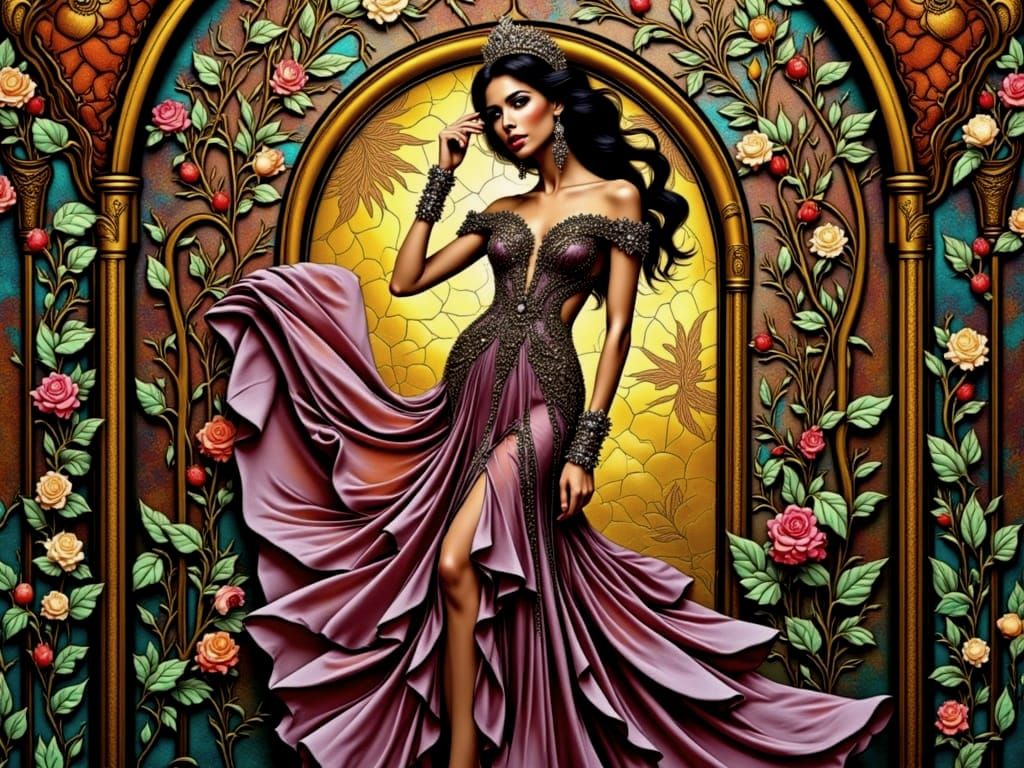 Elegant Art Nouveau Goddess in Tiffany Stained Glass Fashion