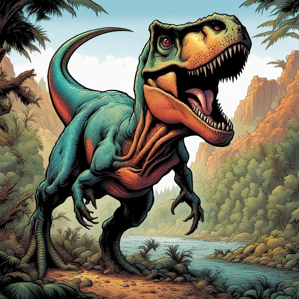 Happy Colorful T-Rex in Comic Book Style