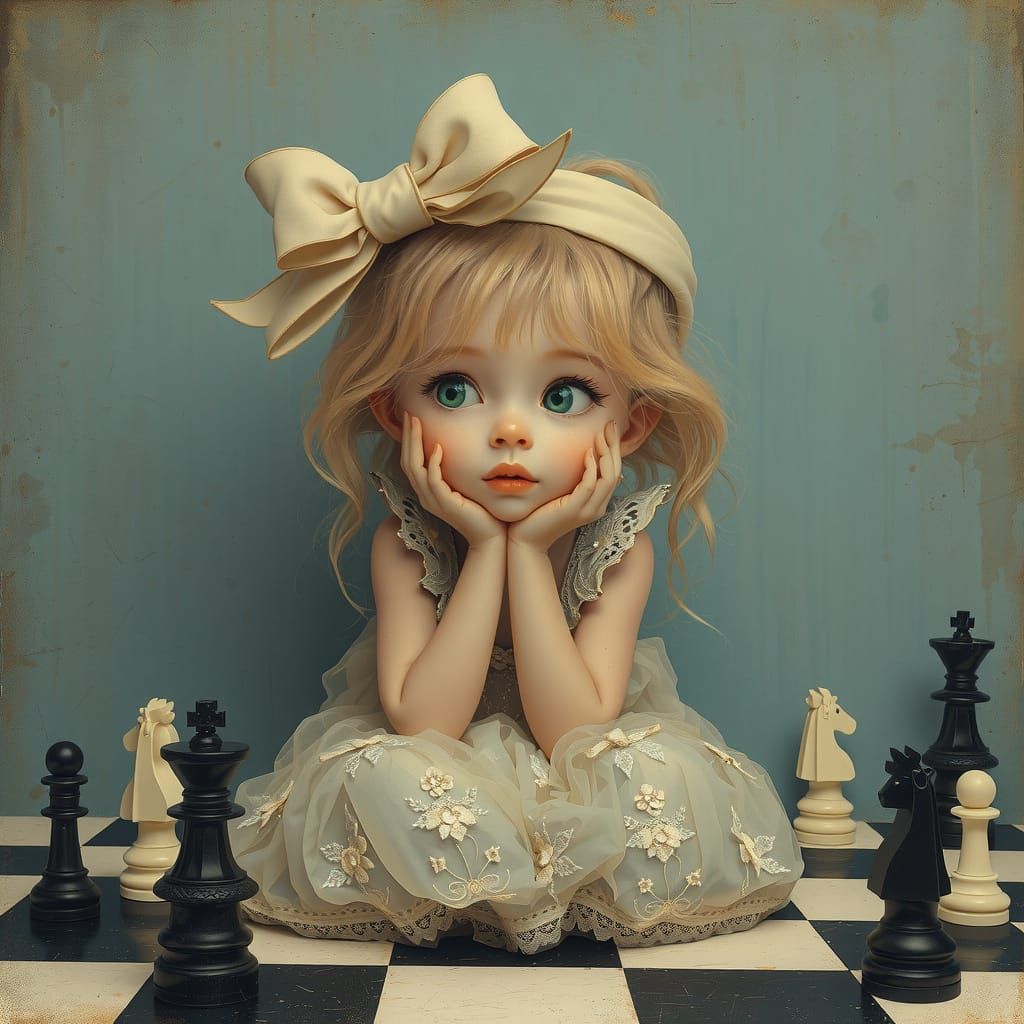 Dreamy Girl on a Chessboard in Whimsical, Waterhouse-Inspire...