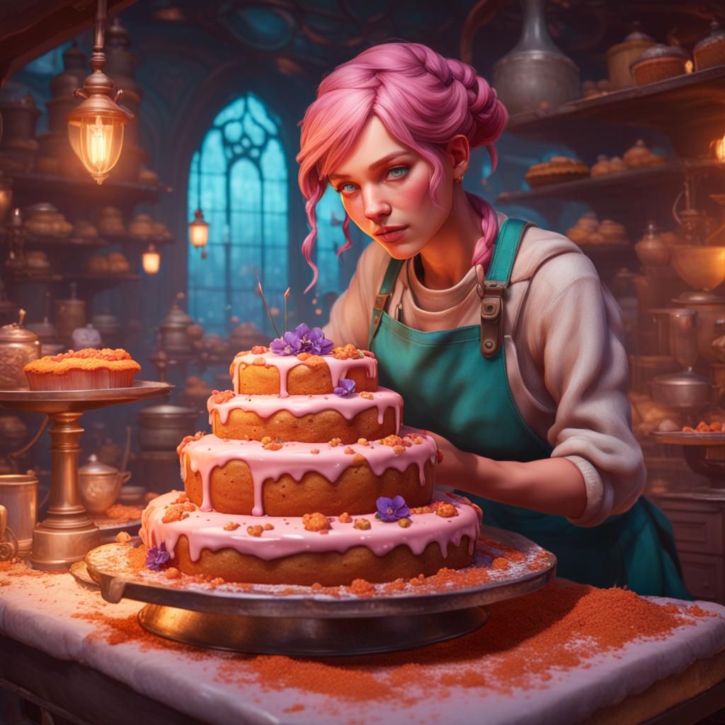 Pink-Haired Baker Decorating Cake, Hyperdetailed Digital Art