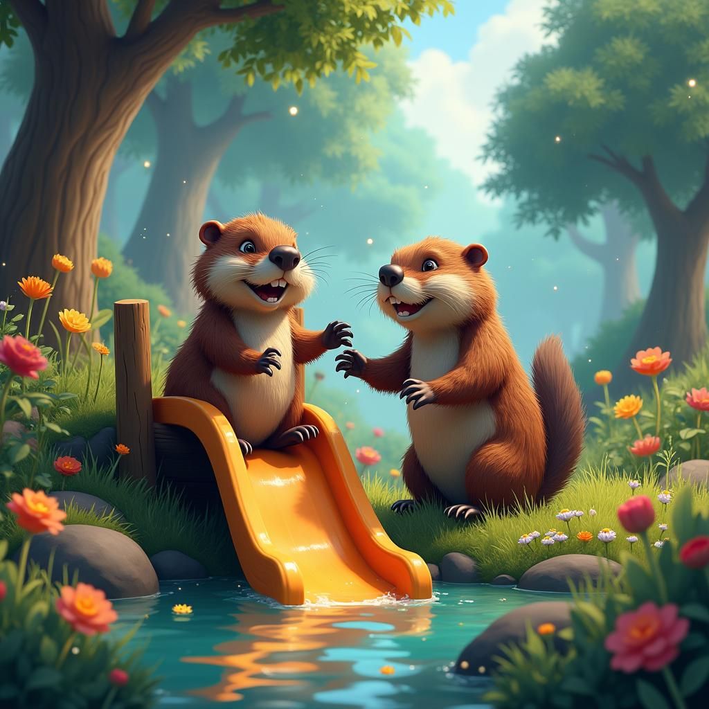 Beavers on a Playground in Fantasy Landscape