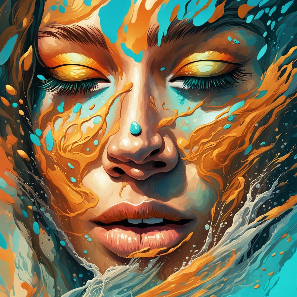 Woman's Waterfall Tears: Hyperdetailed Splash Art Portrait