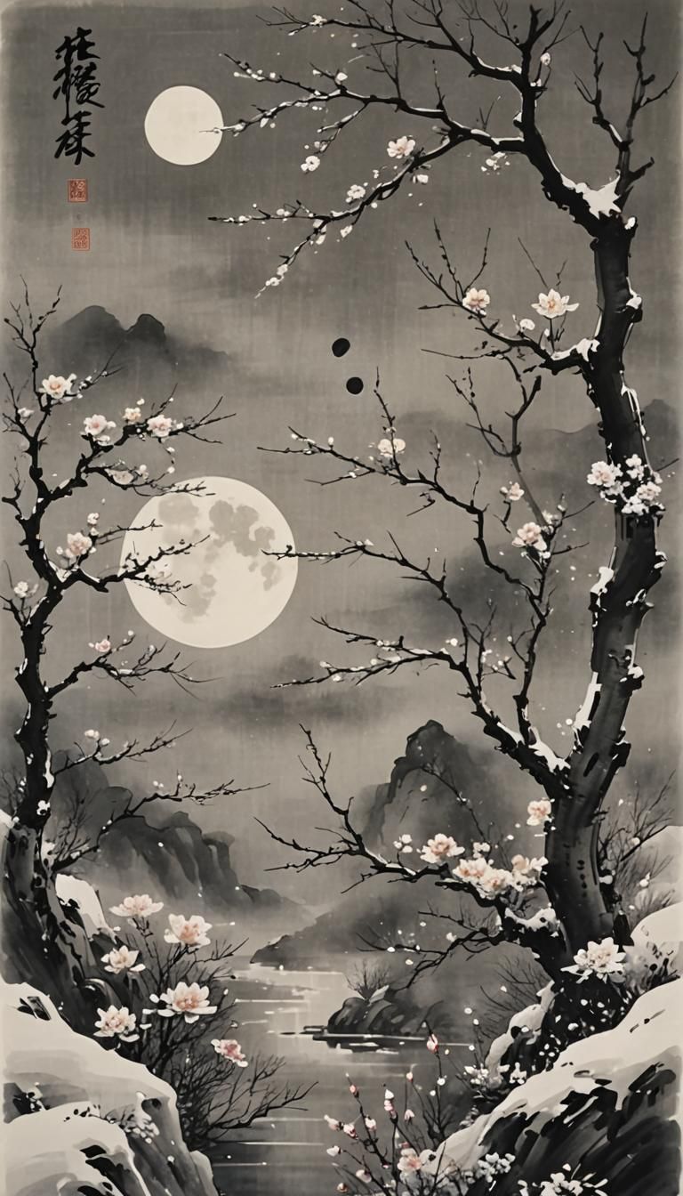 Chinese Ink Painting: Wind, Flowers, Snow, Moon