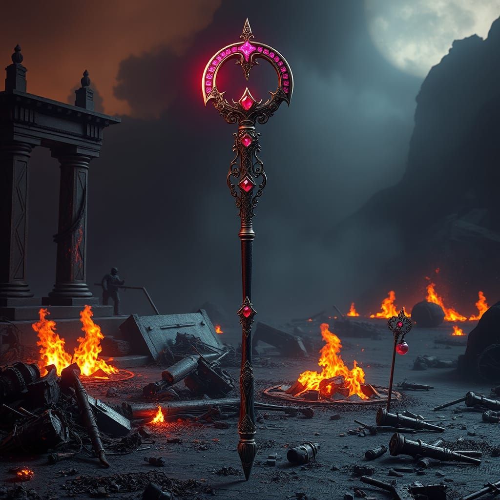 Majestic Gothic Staff with Crescent Blade and Sci-Fi Rifle