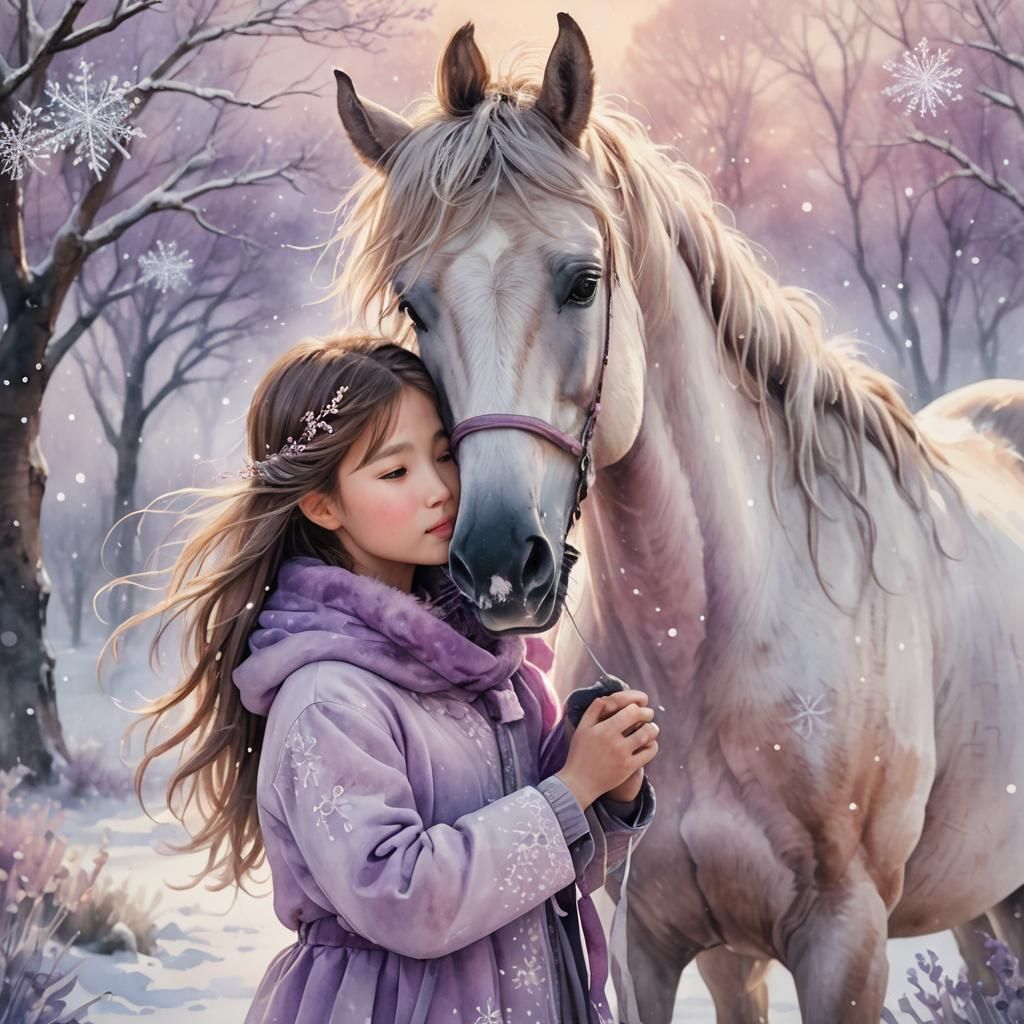 Girl and Horse in Snowy Watercolor Fantasy