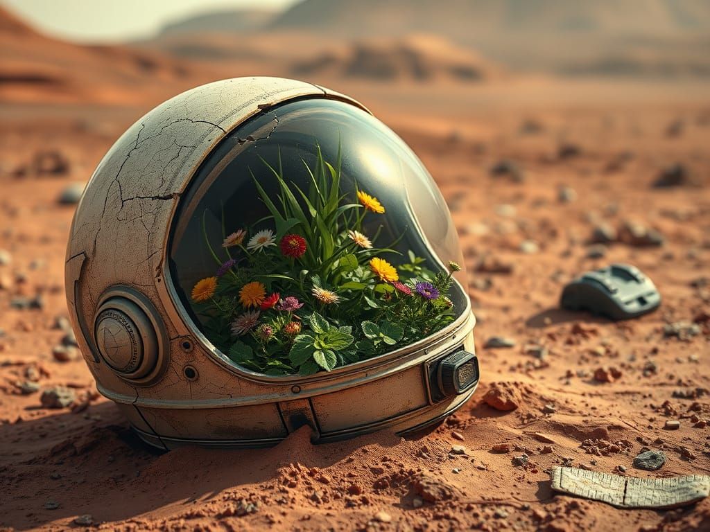 Lush Garden in Astronaut Helmet on Mars