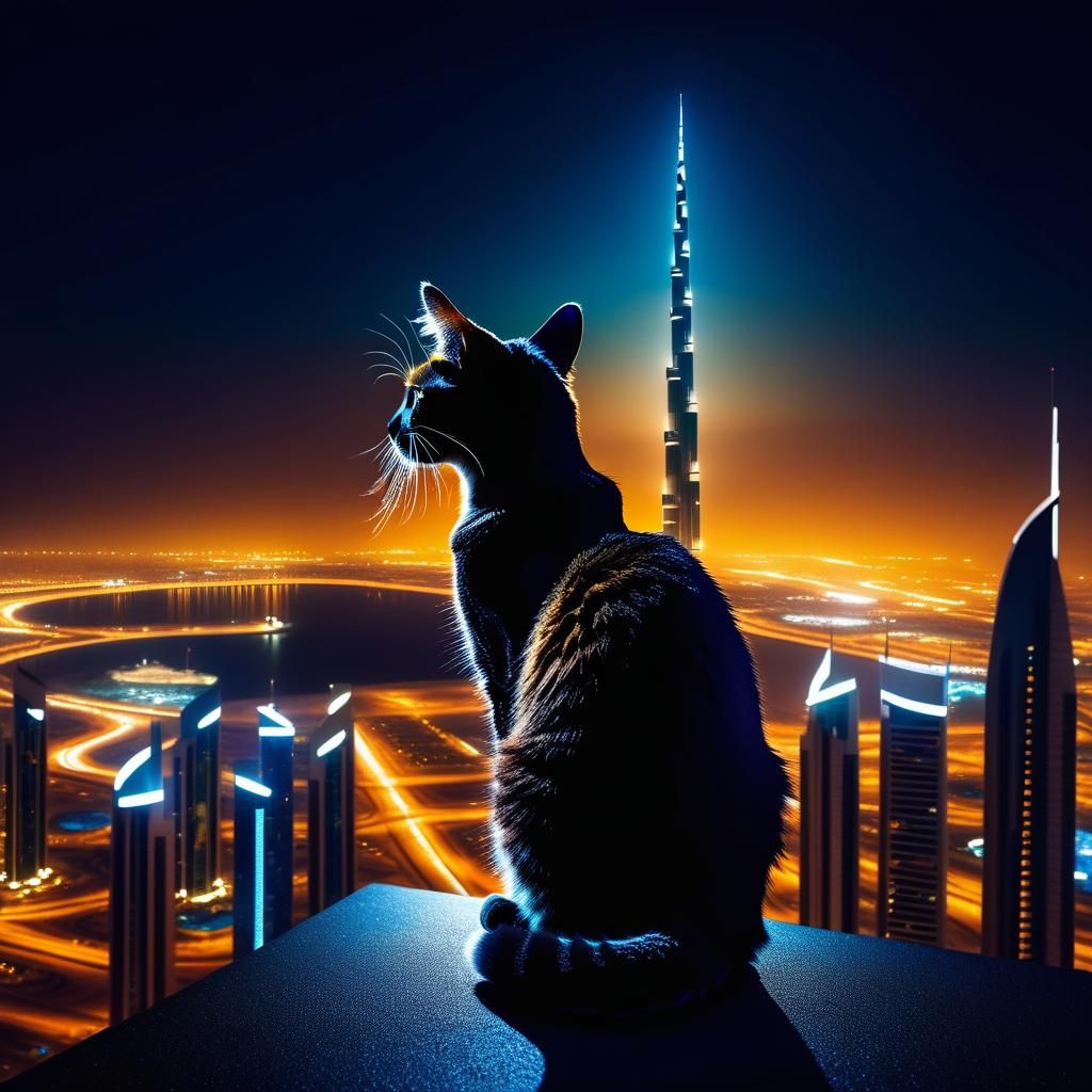 Dramatic Cat Silhouette Over Dubai Nightscape