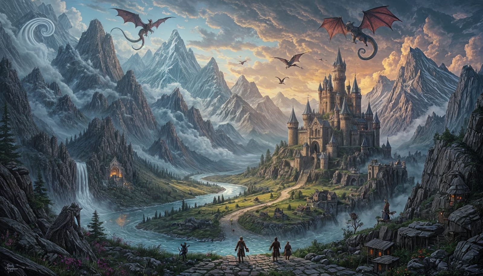 Epic Fantasy Landscape with Castle, Goblins, Elves, and Drag...