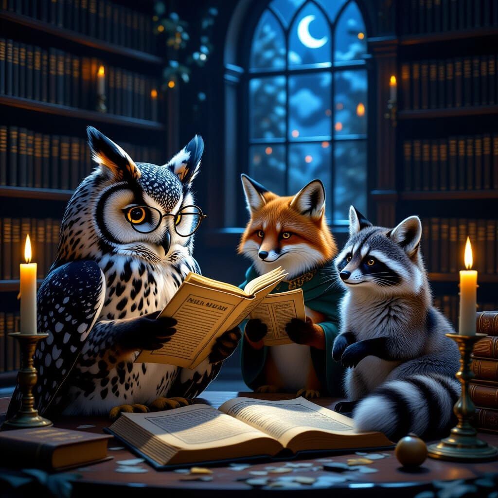 Secret Animal Meeting in Candlelit Library