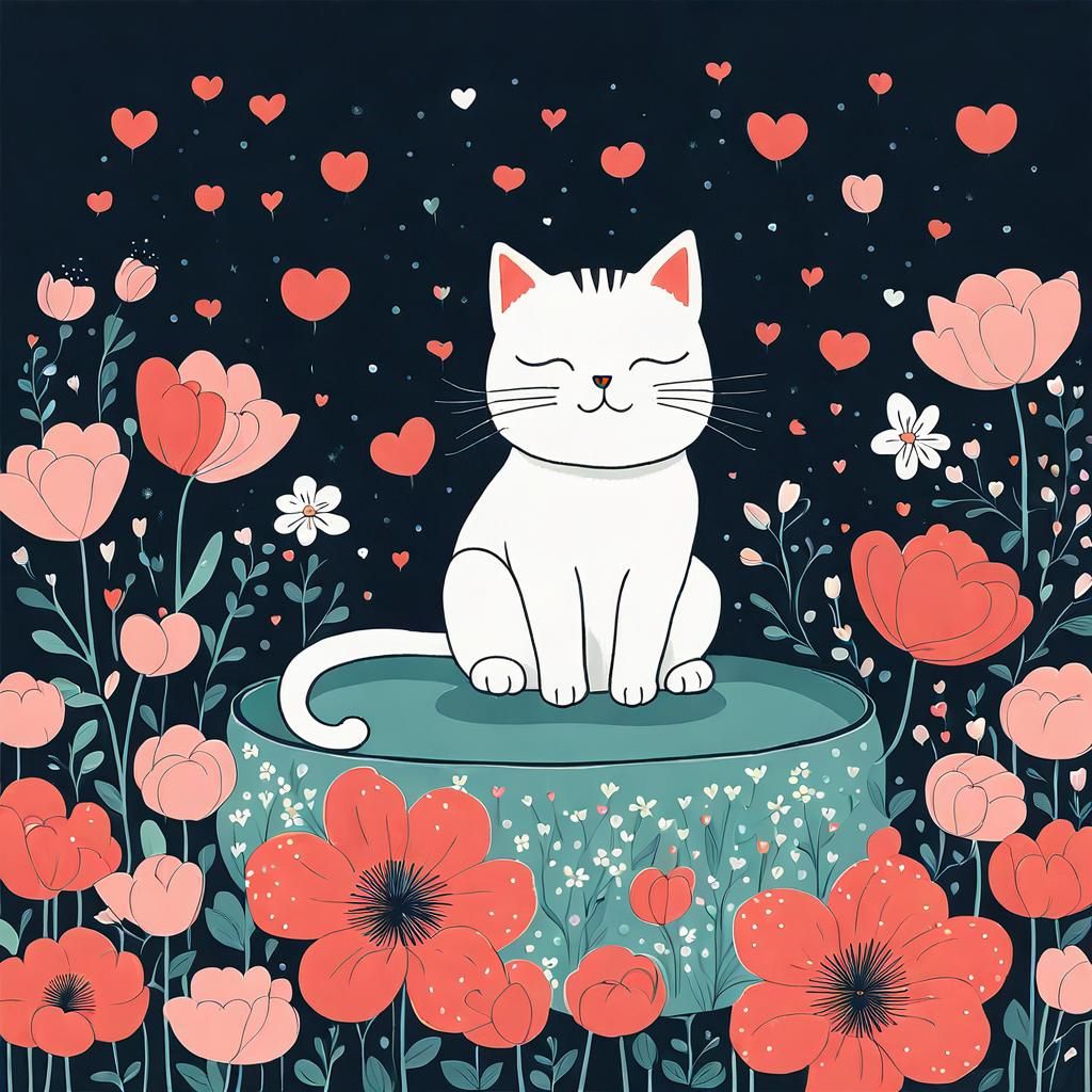 Cute Cat Surrounded by Flowers in Whimsical Style