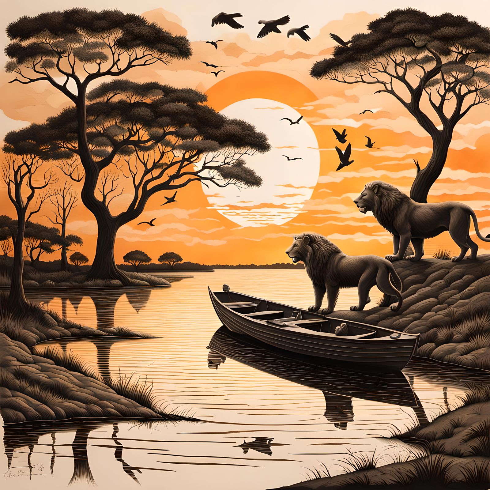 detailed optical illusion  drawing savannah silhouetted lion...