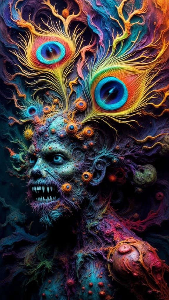 Abstract Inkblot Fusion of Peacock Feathers and Anatomy