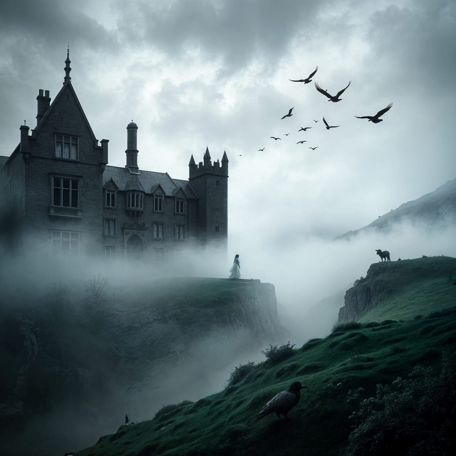 Gothic Manor in Misty Highlands: Black and White Photo