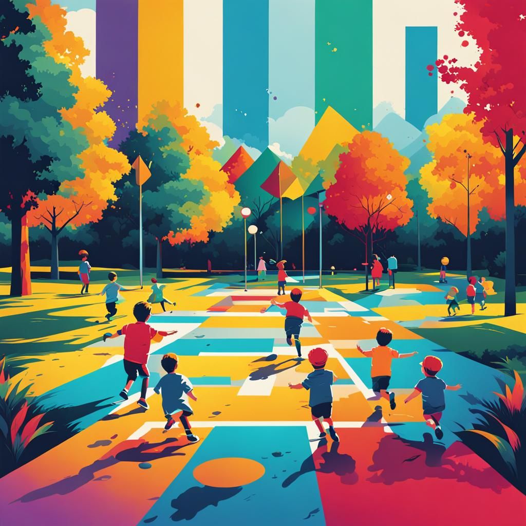 Children Playing in Park: Pop Art Screen Print