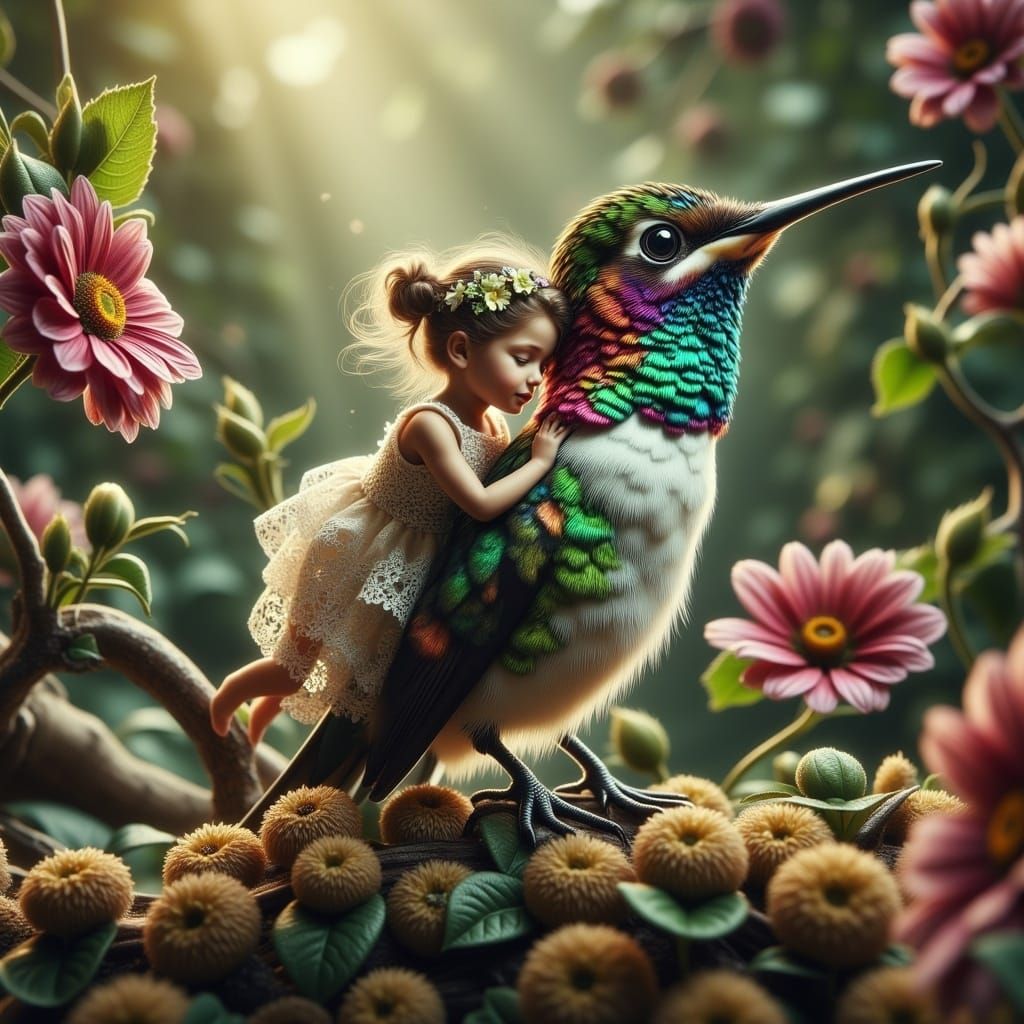 Miniature Woman's Hummingbird Ride in Dreamlike Landscape