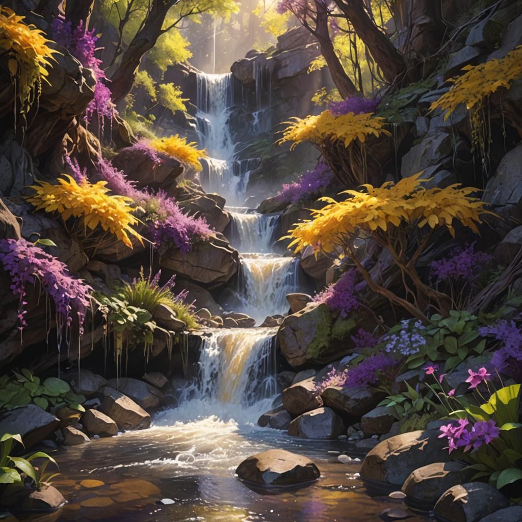 Realistic, waterfall into a small stream, bright colors, sun...