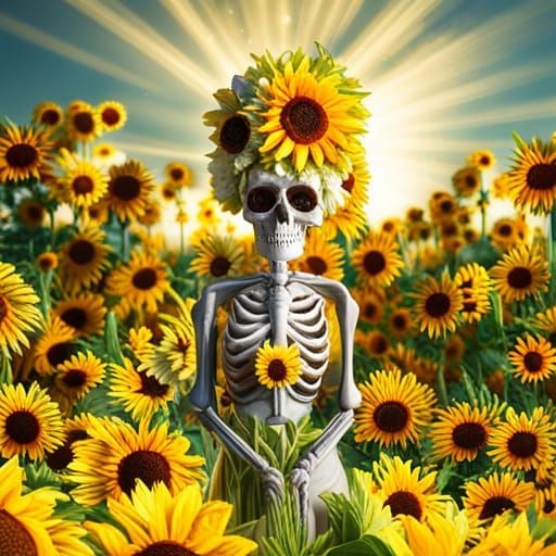 Skeleton woman and a field of flowers