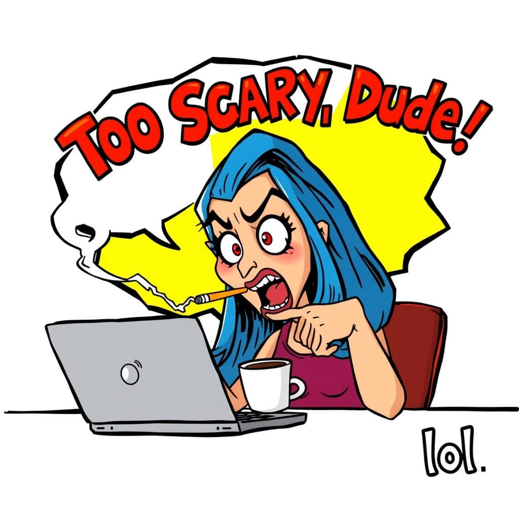 A cartoon woman style of R. CRUMB  with long blue hair at a ...