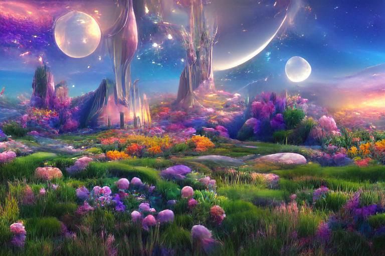 Iridescent Pastel Alien Landscape with Purple Moon