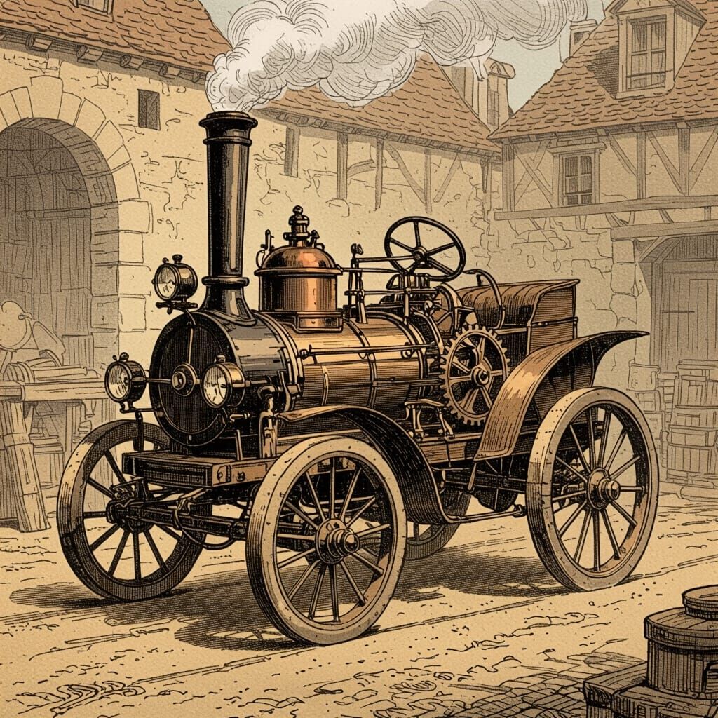 Early French Steam Vehicle in Engraving Style