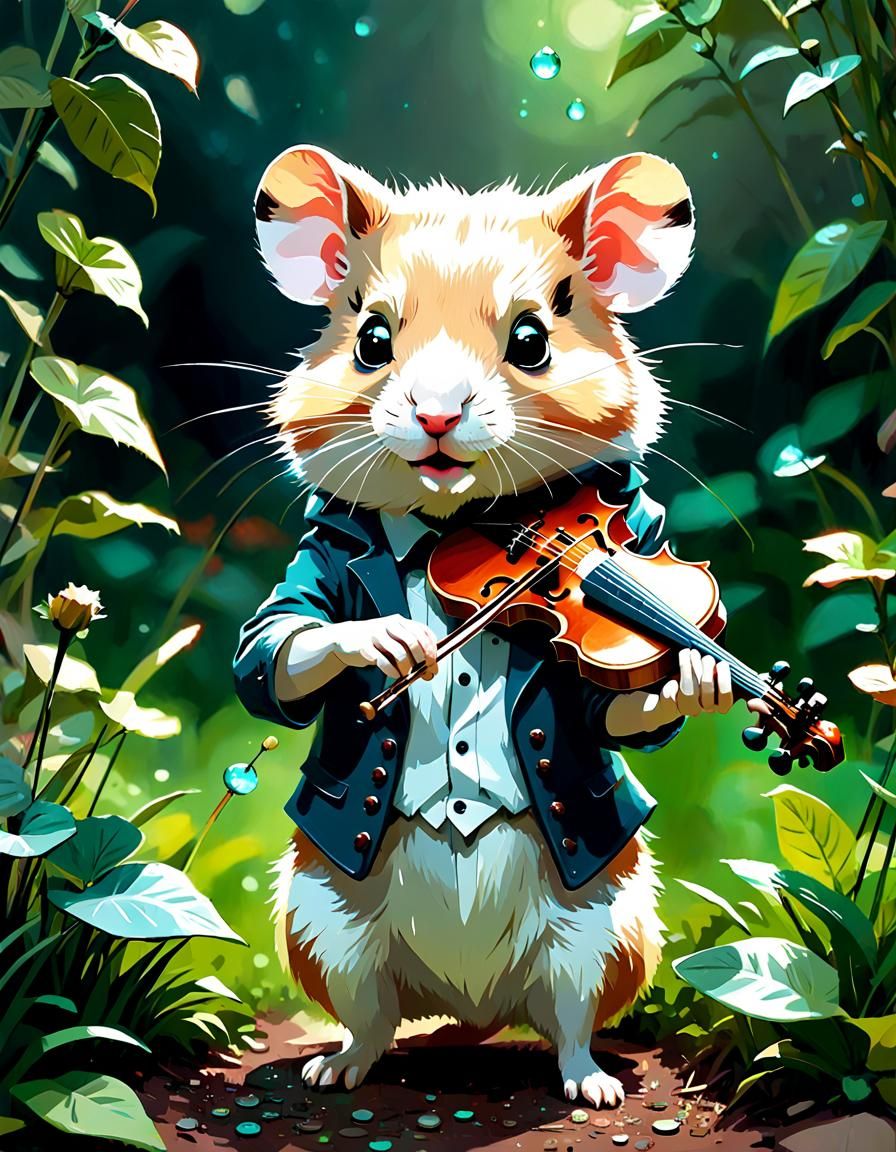 Adorable Hamster Violinist in Garden Digital Painting