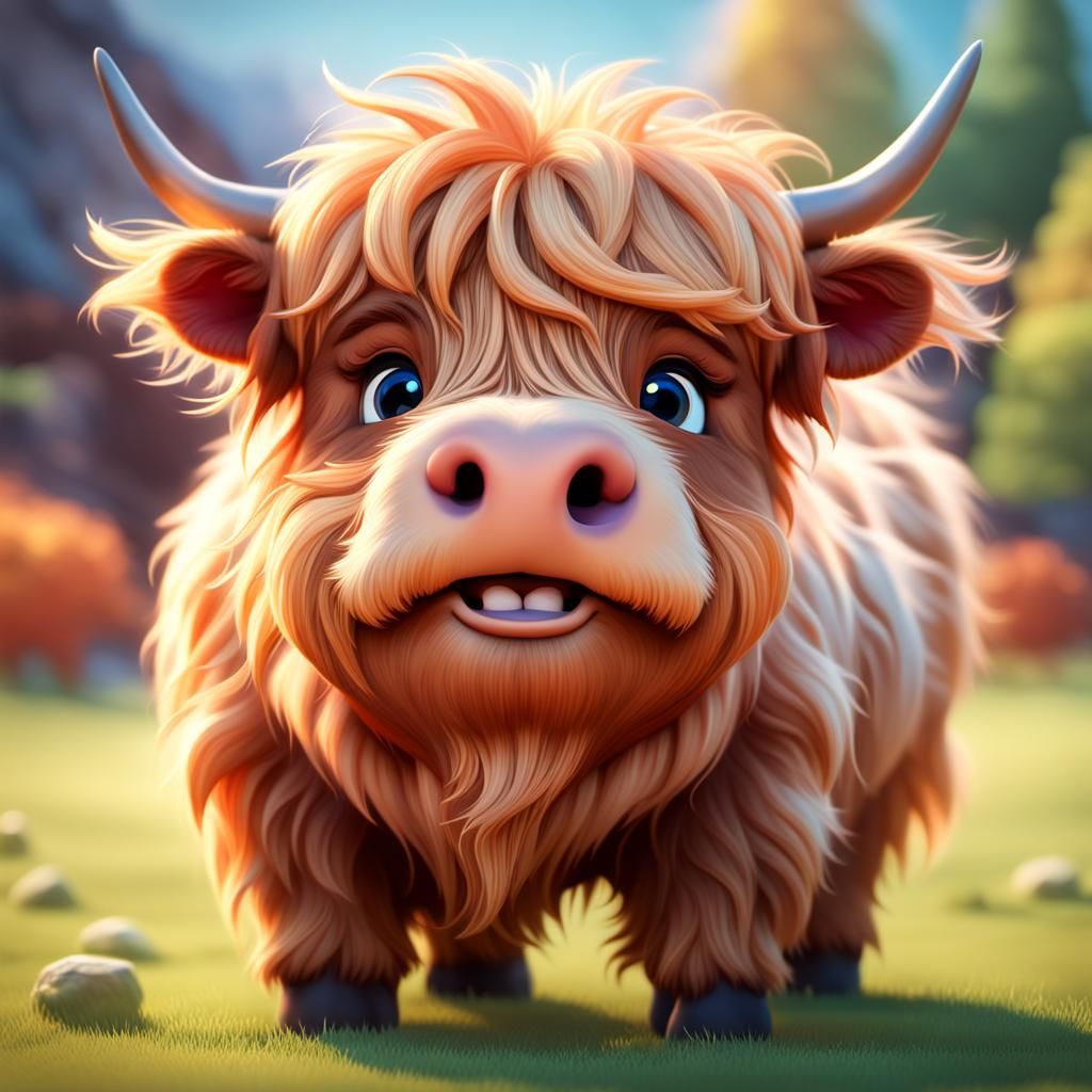 Adorable Highland Cow Calf: 3D Digital Art