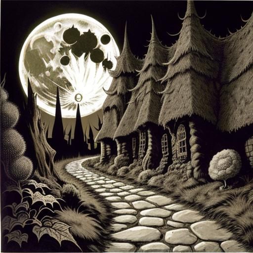 Dark Fantasy Creature on Cobblestone Path to Moon