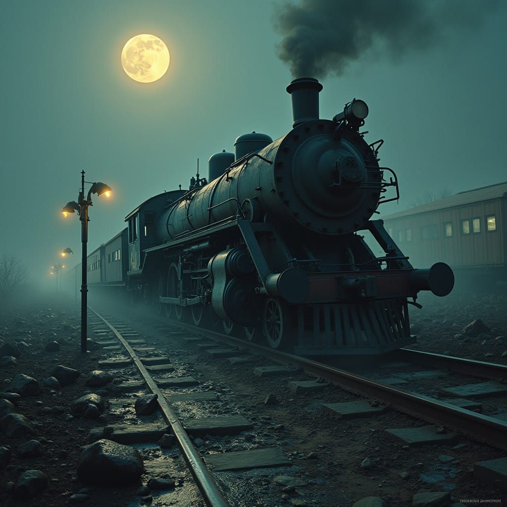 Dramatic Train Crash in a Haunting Futuristic Landscape