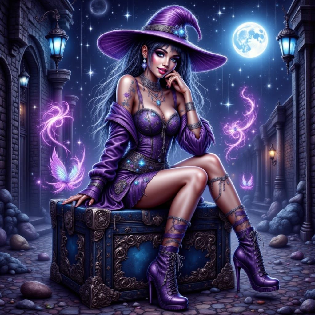 Enchanted Witch in Lavish Purple Attire, Under a Celestial N...