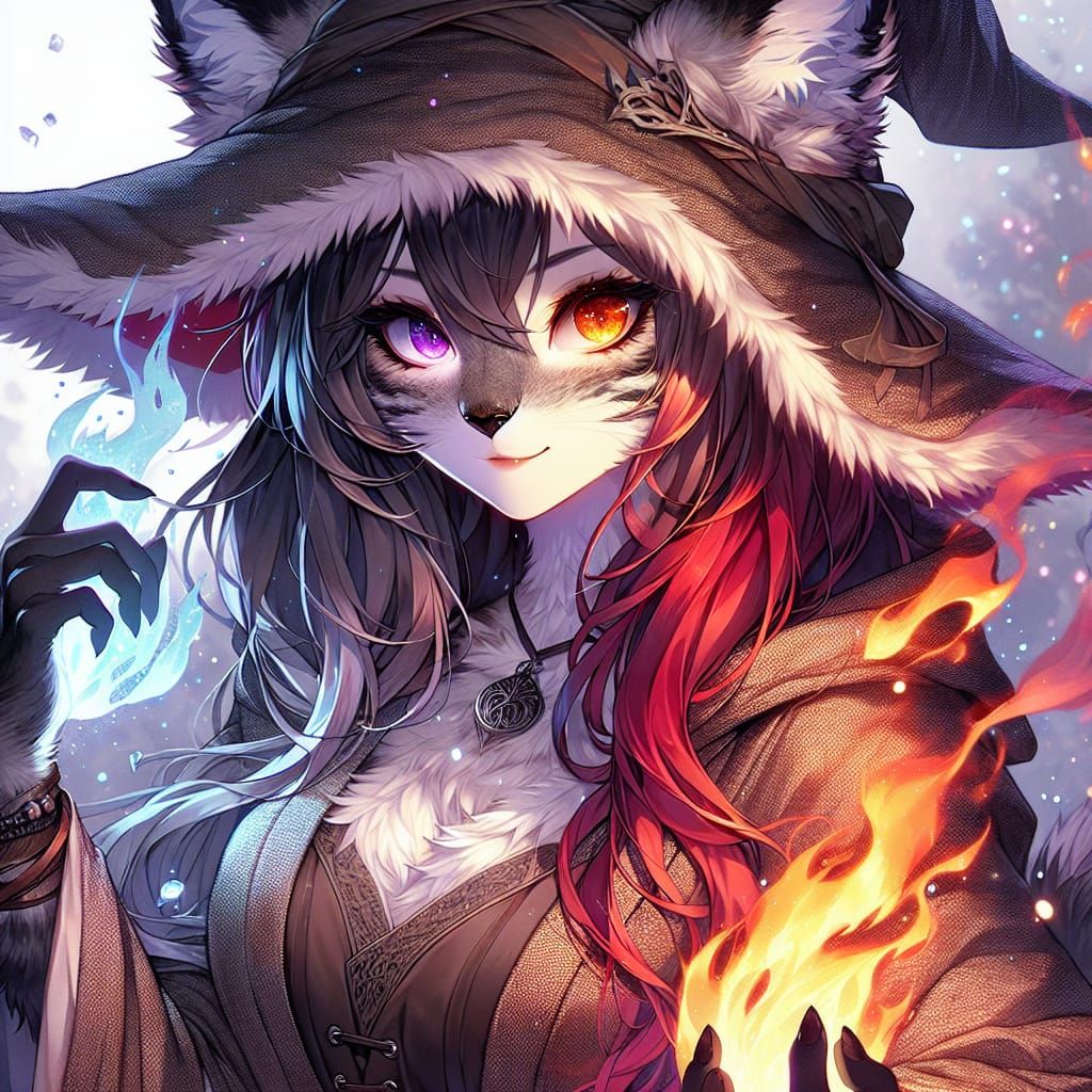 Anime Lynx Witch Conjuring Ice and Fire
