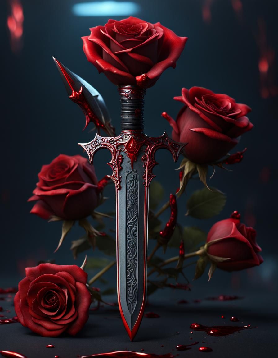 Futuristic Black Dagger with Roses and Skulls
