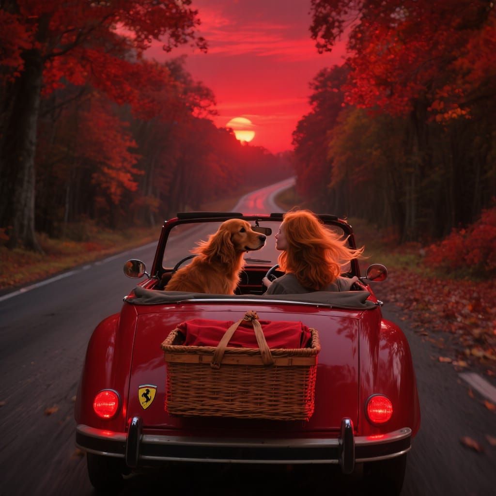 Red Car and Dog Drive Through Fiery Autumn Sunset
