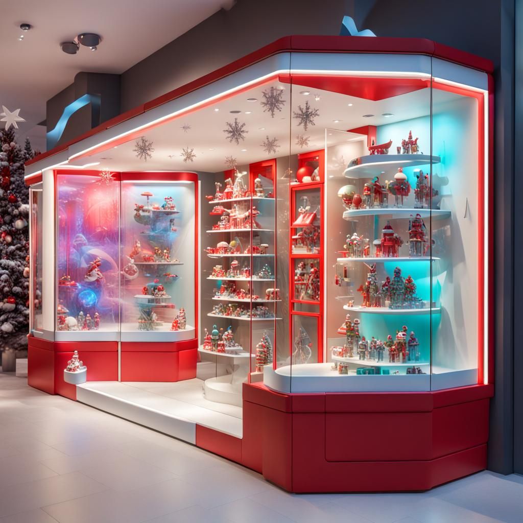 Création d'une vitrine de magasin de jouets de Noël futuriste et unique