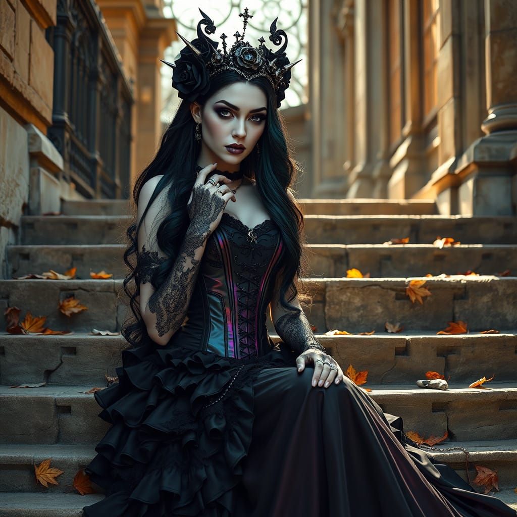 Gothic Woman on Weathered Stone Steps