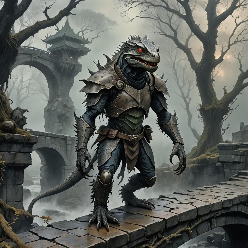 Armored Lizard Man on Ancient Stone Bridge