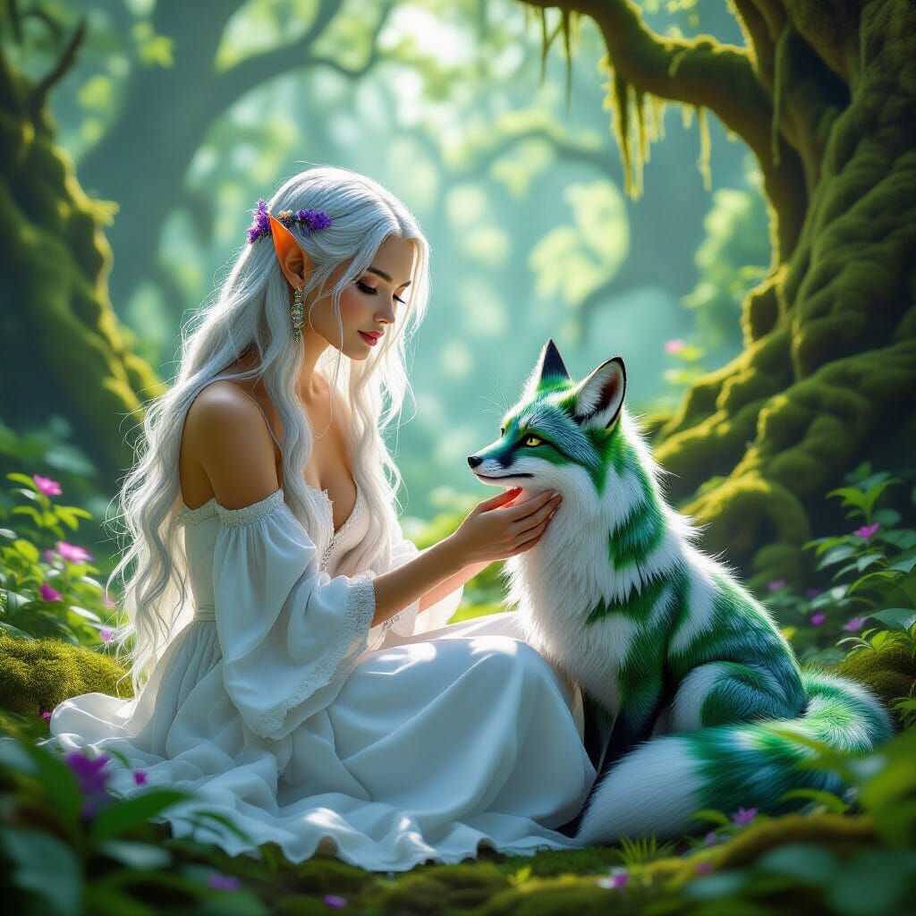 Elf Woman with Scaly Fox in Magical Forest