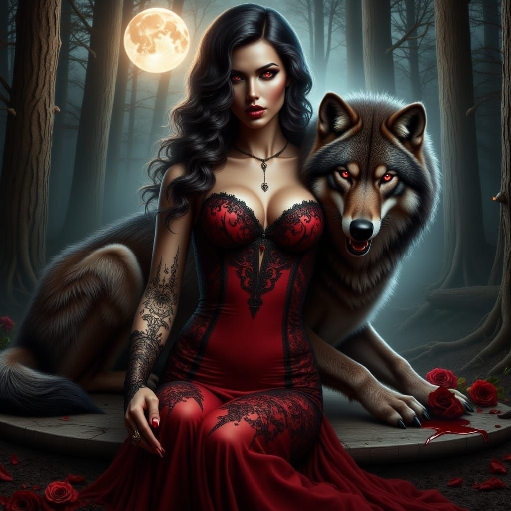 Hyperrealistic Vampire Woman Portrait in Crimson Dress