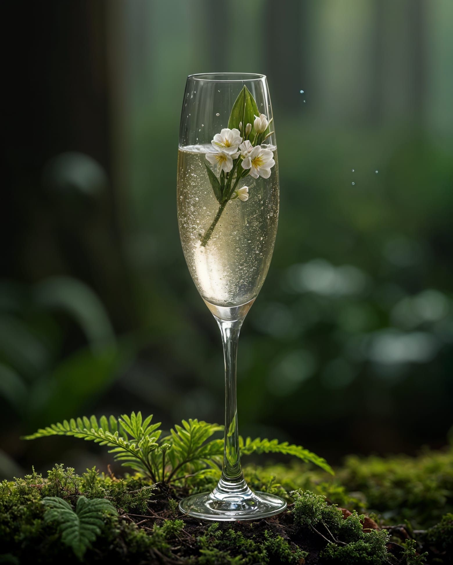 Champagne with Lily of the Valley on Forest Floor