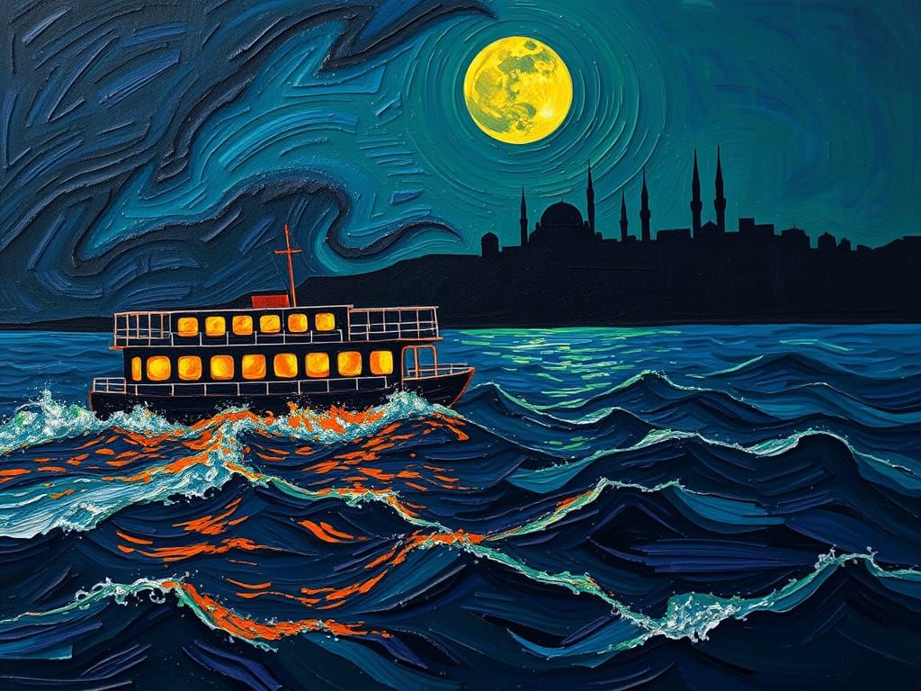 Vibrant Expressionist Ferry Scene Under Turbulent Istanbul S...