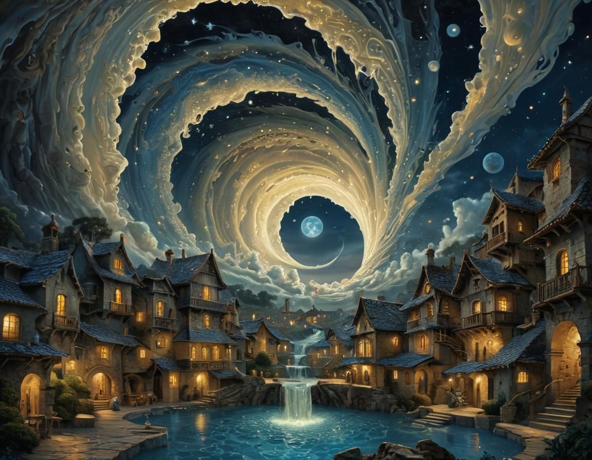 Moonlit Village Vortex with Waterfall in Surrealist Style