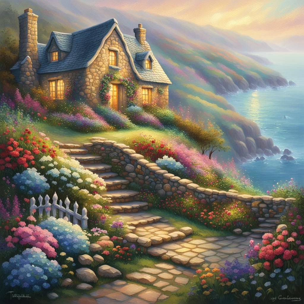 Idyllic Stone Cottage Garden by the Sea
