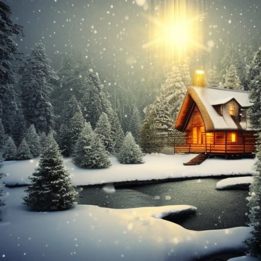 Cozy Winter Cabin in Snowy Forest